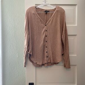 Yellow and White Striped V-Neck Button-Front Women's Top